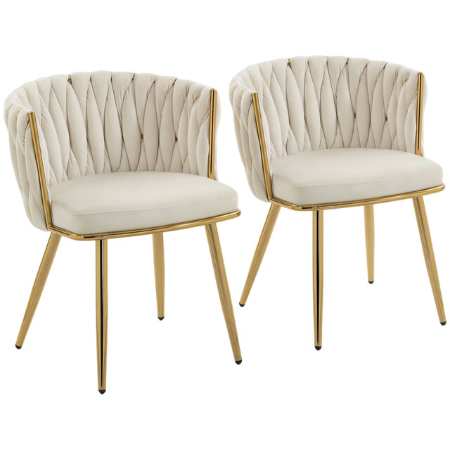 HOMCOM Velvet-Feel Dining Chairs Set of 2, Modern Upholstered Kitchen Chairs with Woven Backrest and Armrests, Metal Legs and Padded Seat for Dining Room, Bedroom, Living Room, Cream - image 1