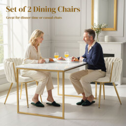 HOMCOM Velvet-Feel Dining Chairs Set of 2, Modern Upholstered Kitchen Chairs with Woven Backrest and Armrests, Metal Legs and Padded Seat for Dining Room, Bedroom, Living Room, Cream - thumbnail 4