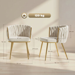 HOMCOM Velvet-Feel Dining Chairs Set of 2, Modern Upholstered Kitchen Chairs with Woven Backrest and Armrests, Metal Legs and Padded Seat for Dining Room, Bedroom, Living Room, Cream - thumbnail 3