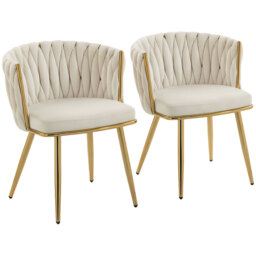 HOMCOM Velvet-Feel Dining Chairs Set of 2, Modern Upholstered Kitchen Chairs with Woven Backrest and Armrests, Metal Legs and Padded Seat for Dining Room, Bedroom, Living Room, Cream