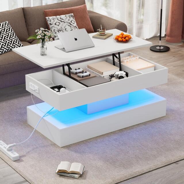 Modern Coffee Table with Bluetooth-Controlled LED Lighting, Lift-Up Center Table with Hidden Storage, 100L x 50W x 42H cm, White - Aosom UK - image 1