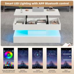 Modern Coffee Table with Bluetooth-Controlled LED Lighting, Lift-Up Center Table with Hidden Storage, 100L x 50W x 42H cm, White - Aosom UK - thumbnail 5