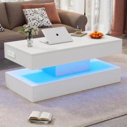 Modern Coffee Table with Bluetooth-Controlled LED Lighting, Lift-Up Center Table with Hidden Storage, 100L x 50W x 42H cm, White - Aosom UK - thumbnail 9