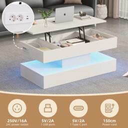 Modern Coffee Table with Bluetooth-Controlled LED Lighting, Lift-Up Center Table with Hidden Storage, 100L x 50W x 42H cm, White - Aosom UK - thumbnail 4