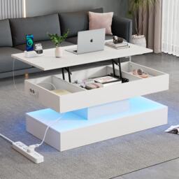 Modern Coffee Table with Bluetooth-Controlled LED Lighting, Lift-Up Center Table with Hidden Storage, 100L x 50W x 42H cm, White - Aosom UK - thumbnail 7