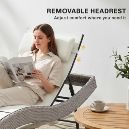 Outsunny Rattan Sun Lounger, Garden Recliner with 5 Position Adjustable Back, S Shaped Texteline Seat, Headrest, Cream White - thumbnail 8