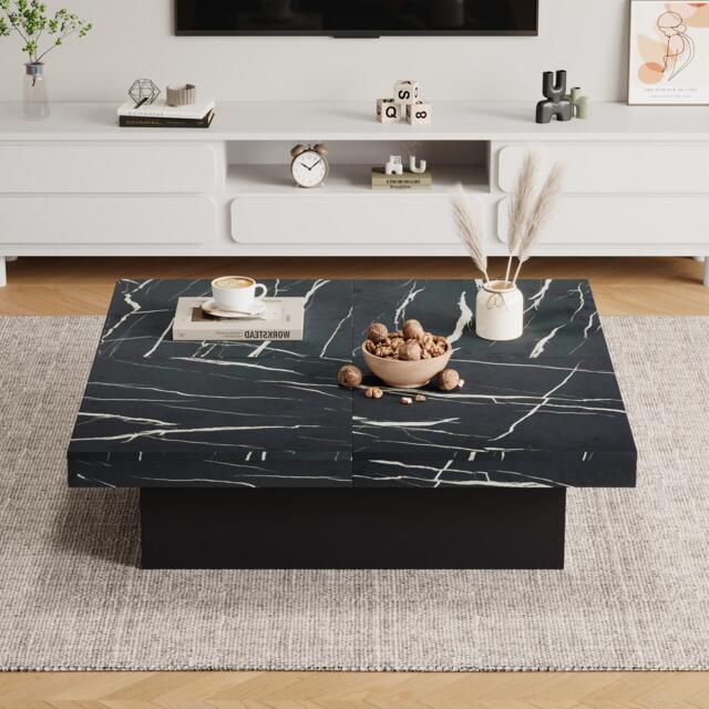 Modern Square Coffee Table with Sliding Top and 4 Built-In Drawers, Versatile Center Table for Living Spaces, 90L x 90W x 25H cm, Black - Aosom UK - image 1
