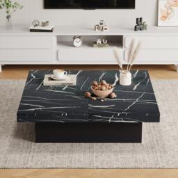 Modern Square Coffee Table with Sliding Top and 4 Built-In Drawers, Versatile Center Table for Living Spaces, 90L x 90W x 25H cm, Black - Aosom UK - thumbnail 1
