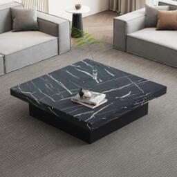 Modern Square Coffee Table with Sliding Top and 4 Built-In Drawers, Versatile Center Table for Living Spaces, 90L x 90W x 25H cm, Black - Aosom UK - thumbnail 8