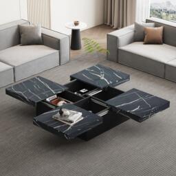 Modern Square Coffee Table with Sliding Top and 4 Built-In Drawers, Versatile Center Table for Living Spaces, 90L x 90W x 25H cm, Black - Aosom UK - thumbnail 7