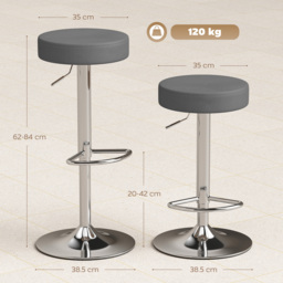 HOMCOM Bar Stools Set of 2, Modern PU Leather Swivel Barstools, Height Adjustable Breakfast Bar Chairs with Footrest, Grey - thumbnail 3