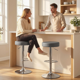 HOMCOM Bar Stools Set of 2, Modern PU Leather Swivel Barstools, Height Adjustable Breakfast Bar Chairs with Footrest, Grey - thumbnail 2