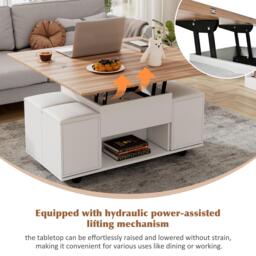 Lift-Top Coffee Table with Hydraulic Lift, Stylish Side Table with 2 Open Shelves, 100L x 50W x 48H cm, Natural+White - Aosom UK - thumbnail 4