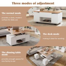 Lift-Top Coffee Table with Hydraulic Lift, Stylish Side Table with 2 Open Shelves, 100L x 50W x 48H cm, Natural+White - Aosom UK - thumbnail 7
