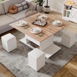 Lift-Top Coffee Table with Hydraulic Lift, Stylish Side Table with 2 Open Shelves, 100L x 50W x 48H cm, Natural+White - Aosom UK