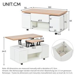 Lift-Top Coffee Table with Hydraulic Lift, Stylish Side Table with 2 Open Shelves, 100L x 50W x 48H cm, Natural+White - Aosom UK - thumbnail 3