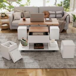 Lift-Top Coffee Table with Hydraulic Lift, Stylish Side Table with 2 Open Shelves, 100L x 50W x 48H cm, Natural+White - Aosom UK - thumbnail 9