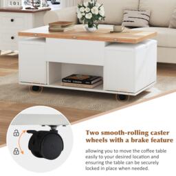 Lift-Top Coffee Table with Hydraulic Lift, Stylish Side Table with 2 Open Shelves, 100L x 50W x 48H cm, Natural+White - Aosom UK - thumbnail 8
