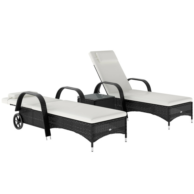 Outsunny 3 Pieces Patio Lounge Chair Set Garden Wicker Wheeling Recliner Outdoor Daybed, PE Rattan Lounge Chairs w/ Cushions & Side Coffee Table Black - image 1