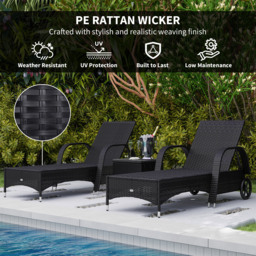 Outsunny 3 Pieces Patio Lounge Chair Set Garden Wicker Wheeling Recliner Outdoor Daybed, PE Rattan Lounge Chairs w/ Cushions & Side Coffee Table Black - thumbnail 7