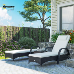 Outsunny 3 Pieces Patio Lounge Chair Set Garden Wicker Wheeling Recliner Outdoor Daybed, PE Rattan Lounge Chairs w/ Cushions & Side Coffee Table Black - thumbnail 3