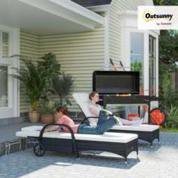 Outsunny 3 Pieces Patio Lounge Chair Set Garden Wicker Wheeling Recliner Outdoor Daybed, PE Rattan Lounge Chairs w/ Cushions & Side Coffee Table Black - thumbnail 2