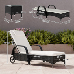 Outsunny 3 Pieces Patio Lounge Chair Set Garden Wicker Wheeling Recliner Outdoor Daybed, PE Rattan Lounge Chairs w/ Cushions & Side Coffee Table Black - thumbnail 5