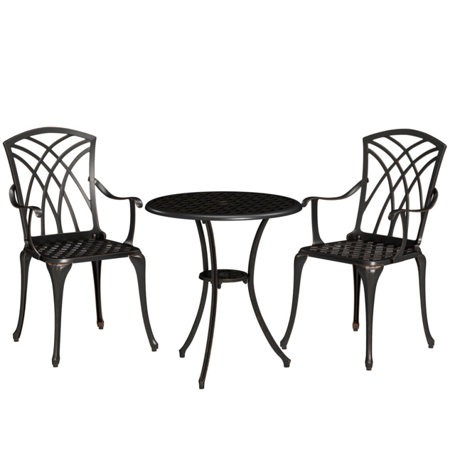 Outsunny 3 Pieces Bistro Table and Chairs for 2, Outdoor Dining Set with 2 Armchairs and Round Dining Table with Parasol Hole, Bronze Tone - Aosom UK - image 1