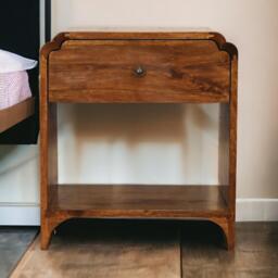 100% Solid Wood Newton Bedside Table with Drawer and Open Shelf, Handcrafted Desk with Stain-Based Finish, 35L x 45W x 50H cm, Brown - Aosom UK - thumbnail 1