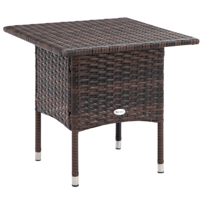 Outsunny Outdoor Rattan Side Table Coffee Table with Plastic Board, Full Woven Table Top for Patio, Garden, Balcony, Mixed Brown - image 1