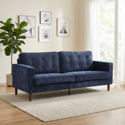 HOMCOM 3 Seater Sofa Button Tufted Upholstered Velvet Couch with Wood Legs for Living Room, Dark Blue - thumbnail 2