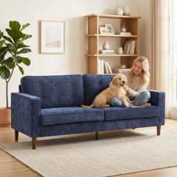 HOMCOM 3 Seater Sofa Button Tufted Upholstered Velvet Couch with Wood Legs for Living Room, Dark Blue - thumbnail 8