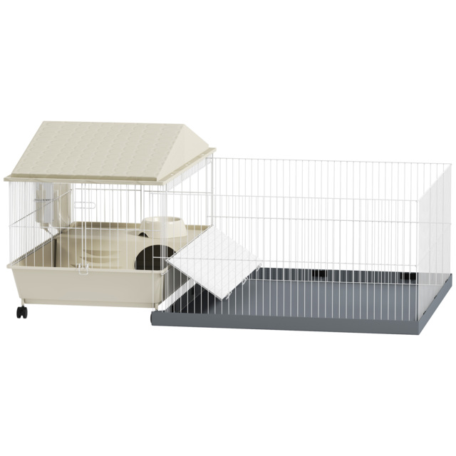PawHut Small Animal Cage with Removable Pet Playpen, Guinea Pig Cage with Waterproof Pad, Hay Feeder, 108 x 71 x 57cm, Beige - image 1