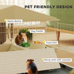 PawHut Small Animal Cage with Removable Pet Playpen, Guinea Pig Cage with Waterproof Pad, Hay Feeder, 108 x 71 x 57cm, Beige - thumbnail 5