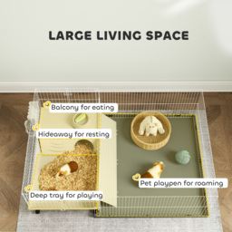 PawHut Small Animal Cage with Removable Pet Playpen, Guinea Pig Cage with Waterproof Pad, Hay Feeder, 108 x 71 x 57cm, Beige - thumbnail 4