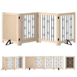 PawHut 4 Panel Freestanding Pet Gate, Indoor Dog Barrier with Lockable Door, Support Feet, 360° Flexible Hinges, Oak - thumbnail 1