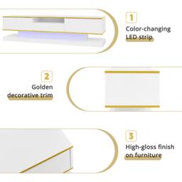Modern LED TV Cabinet with High-Gloss Finish and Metallic Trim, Spacious Unit with Open Compartment, 180L x 38W x 45H cm, White - Aosom UK - thumbnail 6