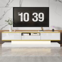 Modern LED TV Cabinet with High-Gloss Finish and Metallic Trim, Spacious Unit with Open Compartment, 180L x 38W x 45H cm, White - Aosom UK - thumbnail 7