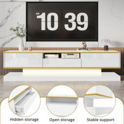 Modern LED TV Cabinet with High-Gloss Finish and Metallic Trim, Spacious Unit with Open Compartment, 180L x 38W x 45H cm, White - Aosom UK - thumbnail 4
