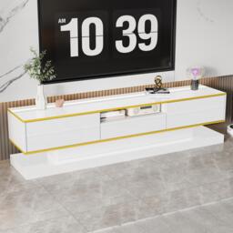 Modern LED TV Cabinet with High-Gloss Finish and Metallic Trim, Spacious Unit with Open Compartment, 180L x 38W x 45H cm, White - Aosom UK - thumbnail 1