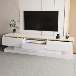 Modern LED TV Cabinet with High-Gloss Finish and Metallic Trim, Spacious Unit with Open Compartment, 180L x 38W x 45H cm, White - Aosom UK - thumbnail 9