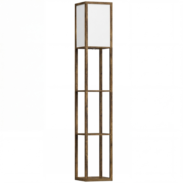 HOMCOM Floor Lamp with Shelves, Floor Light w/ Storage Shelf, Floor Standing Lamp for Living Room, Bedroom, Office, Dorm, Brown - Aosom UK - image 1