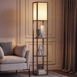 HOMCOM Floor Lamp with Shelves, Floor Light w/ Storage Shelf, Floor Standing Lamp for Living Room, Bedroom, Office, Dorm, Brown - Aosom UK - thumbnail 1