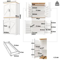 Tall Kitchen Sideboard with Maximised Storage and Anti-Tip Safety, Double-Door Cabinets for Dining Room, 80L x 40W x 180H cm, White - Aosom UK - thumbnail 3
