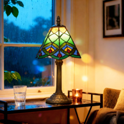 HOMCOM Tiffany-Style Table Lamp with Geometric Patterns, Handcrafted Antique Stained Glass Bedside Lamp for Living Room and Bedroom, E27 Socket, Green - thumbnail 2