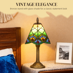 HOMCOM Tiffany-Style Table Lamp with Geometric Patterns, Handcrafted Antique Stained Glass Bedside Lamp for Living Room and Bedroom, E27 Socket, Green - thumbnail 4