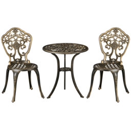 Outsunny 3 Piece Cast Aluminium Garden Bistro Set for 2 with Parasol Hole, Outdoor Coffee Table Set, Two Armless Chairs and Round Coffee Table - thumbnail 1