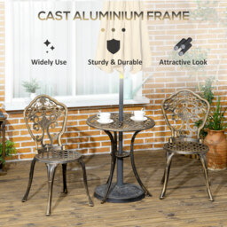 Outsunny 3 Piece Cast Aluminium Garden Bistro Set for 2 with Parasol Hole, Outdoor Coffee Table Set, Two Armless Chairs and Round Coffee Table - thumbnail 5