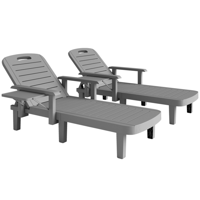 Outsunny Set of 2 Resin Reclining Sun Loungers for Garden, 5 Positions Adjustable Outdoor Chaise Lounge Chairs with Wood Texture Surface, Armrests, Foldable Side Table for Garden, Beach, Dark Grey - image 1