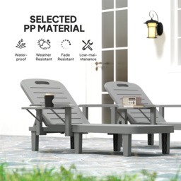 Outsunny Set of 2 Resin Reclining Sun Loungers for Garden, 5 Positions Adjustable Outdoor Chaise Lounge Chairs with Wood Texture Surface, Armrests, Foldable Side Table for Garden, Beach, Dark Grey - thumbnail 6